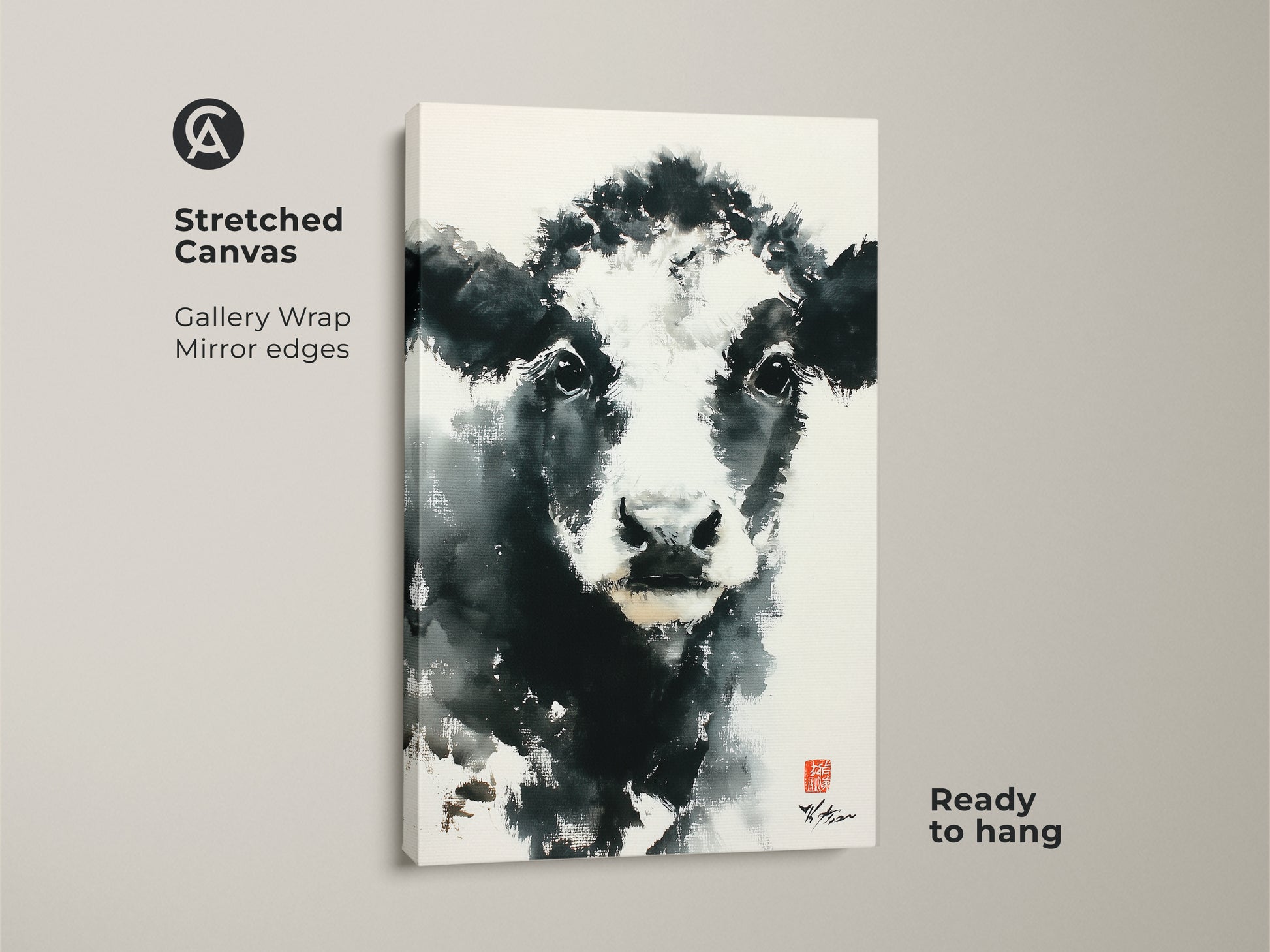 This stretched canvas art features a monochromatic cow. It's gallery-wrapped with mirrored edges. The contemporary piece is ready to hang. Purchase this unique animal artwork to enhance your living space today.