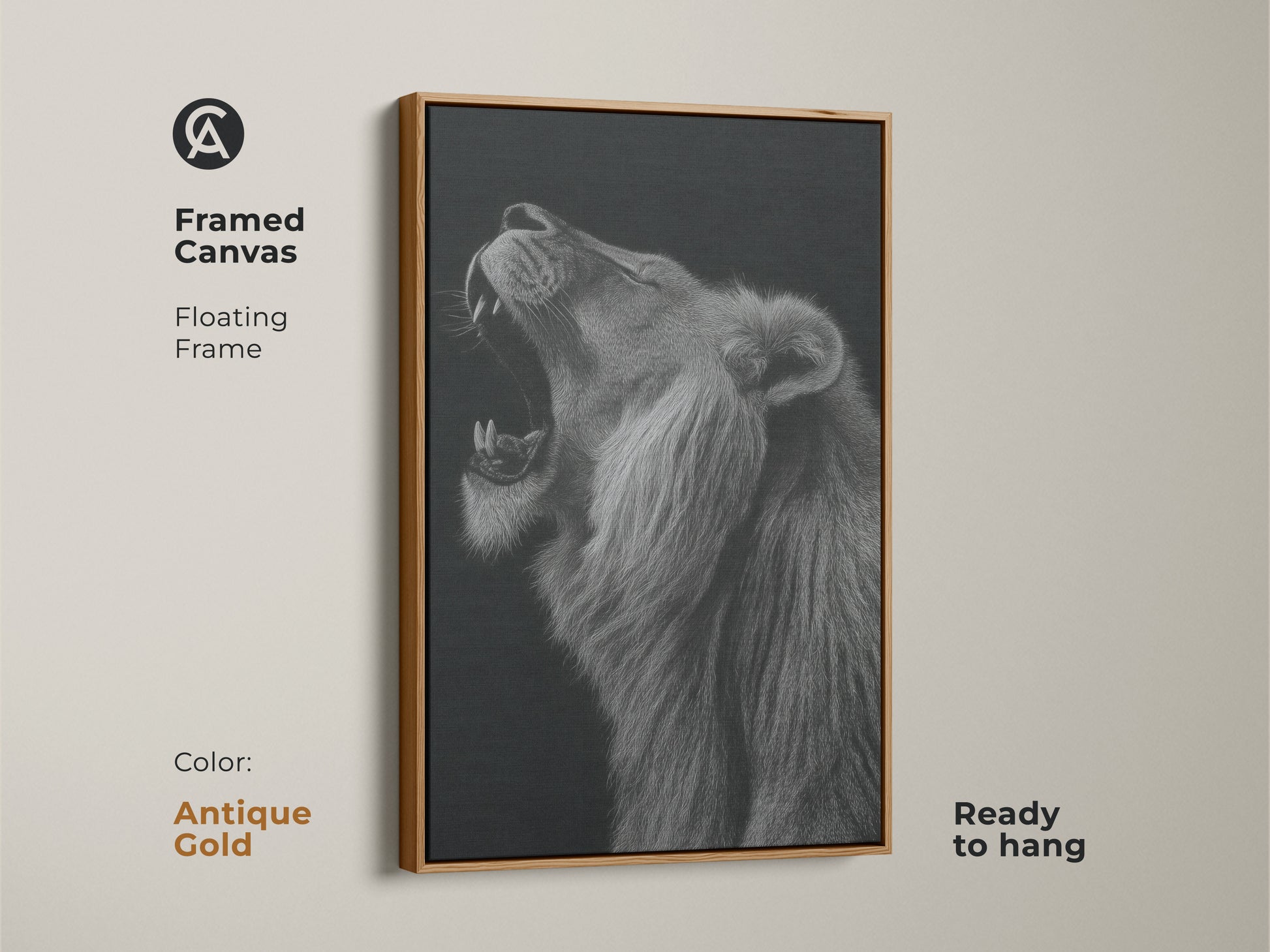 Framed canvas with a floating frame in an antique gold finish. Ready to hang monochrome wildlife wall decor. Bring the power of a roaring lion artwork into your home. The animal portrait print adds a unique touch. It's modern animal decor in classic black and white.