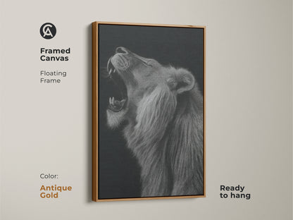 Framed canvas with a floating frame in an antique gold finish. Ready to hang monochrome wildlife wall decor. Bring the power of a roaring lion artwork into your home. The animal portrait print adds a unique touch. It's modern animal decor in classic black and white.