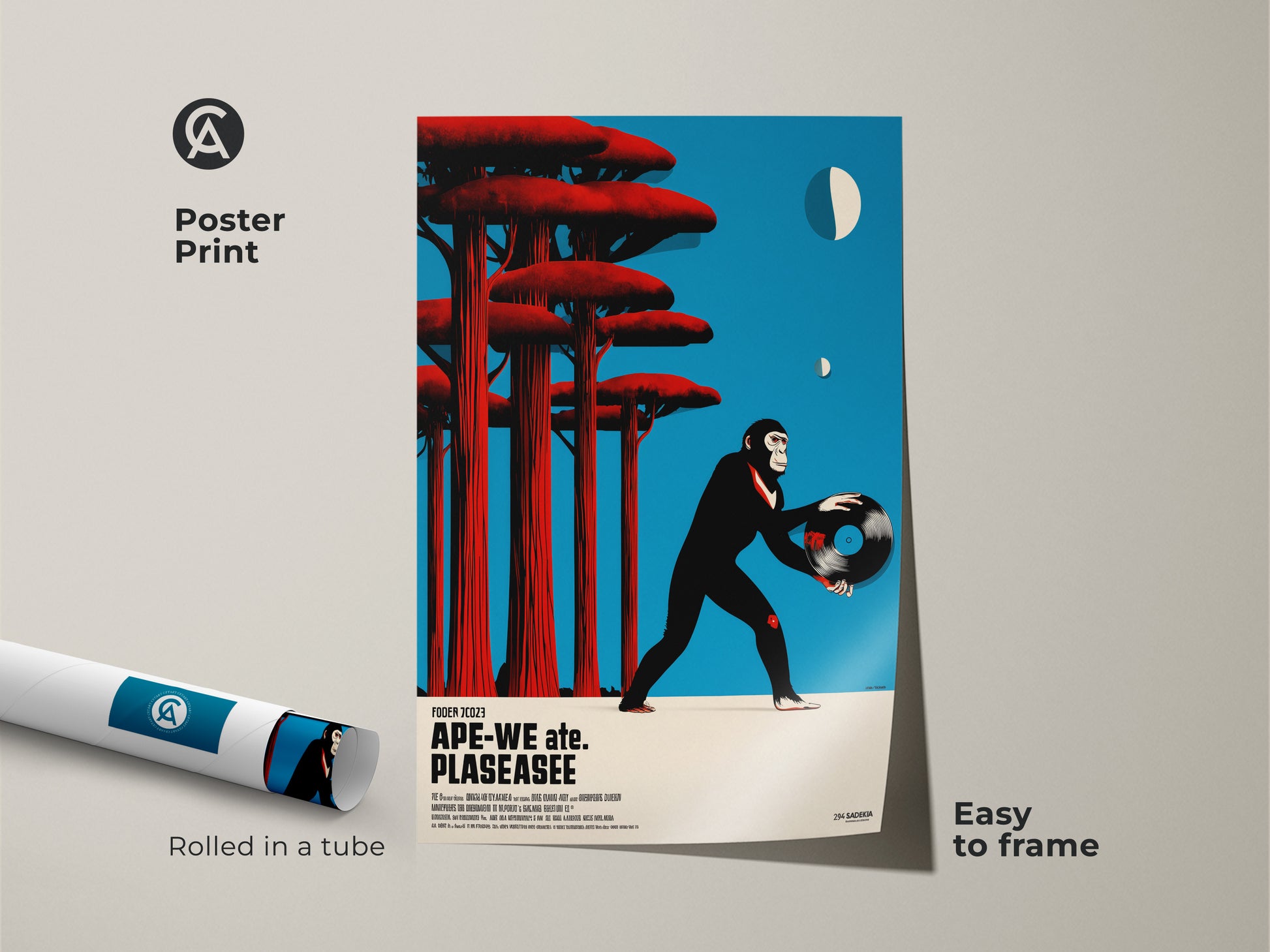 Poster print featuring a retro chimpanzee with a vinyl record. The print is rolled in a tube. This eclectic blue red and black poster is easy to frame. Perfect for studio or office decor. A unique animal music art print for vintage ape artwork collectors.