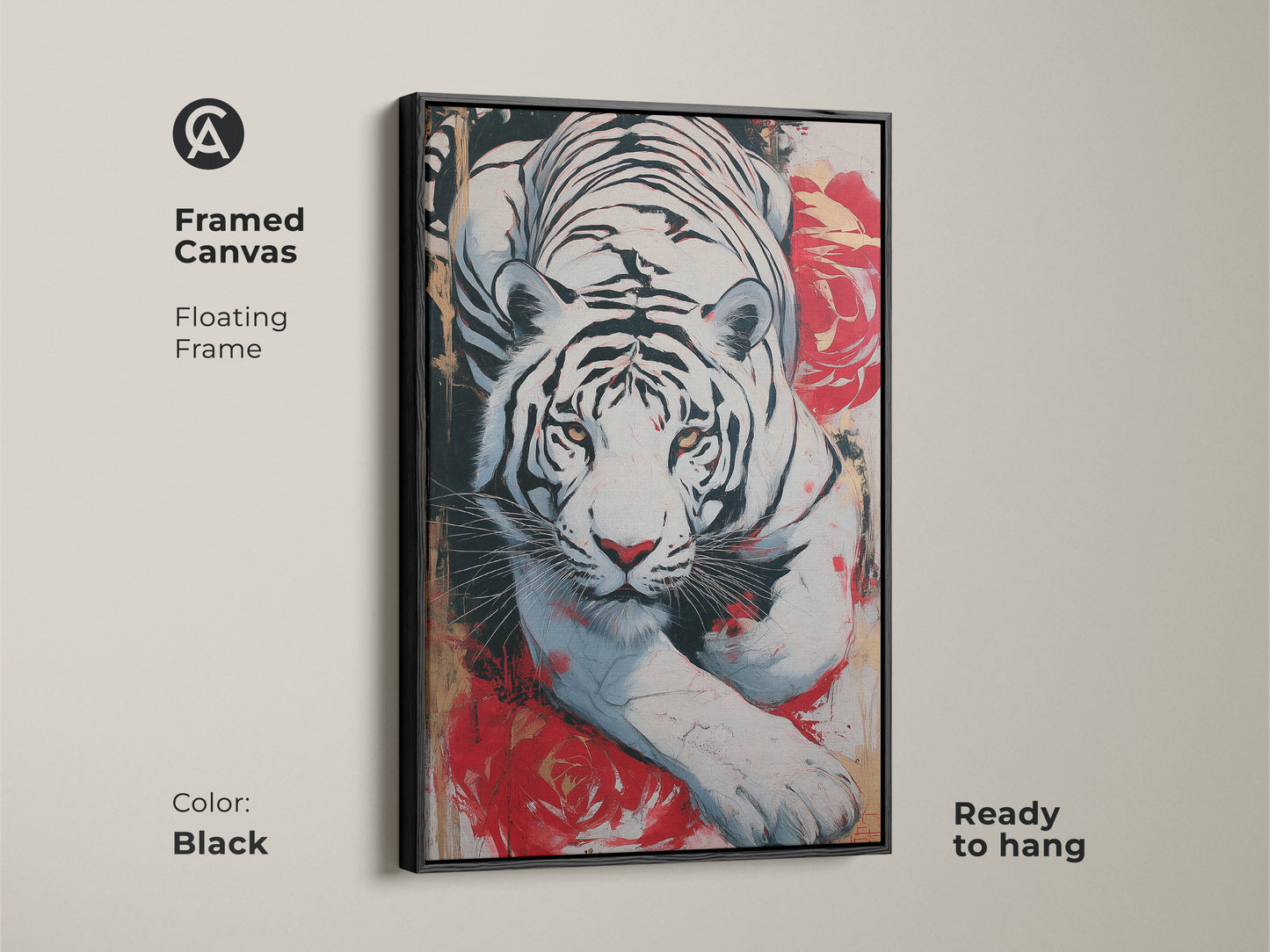 Framed canvas art featuring an expressive white tiger and red roses. The floating frame is black. This animal painting is ready to hang. A unique piece of wall art for your home.