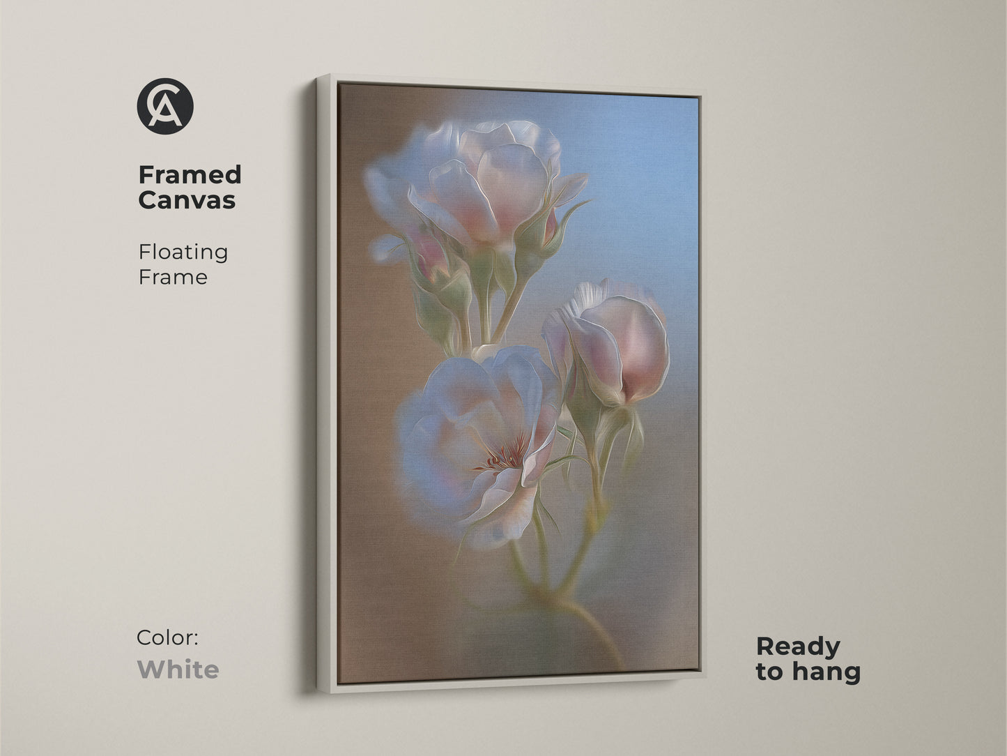 Framed Canvas featuring soft focus roses with a white floating frame. This contemporary rose artwork adds an elegant and romantic touch to contemporary and minimalist interiors. This fine art floral canvas comes ready to hang.
