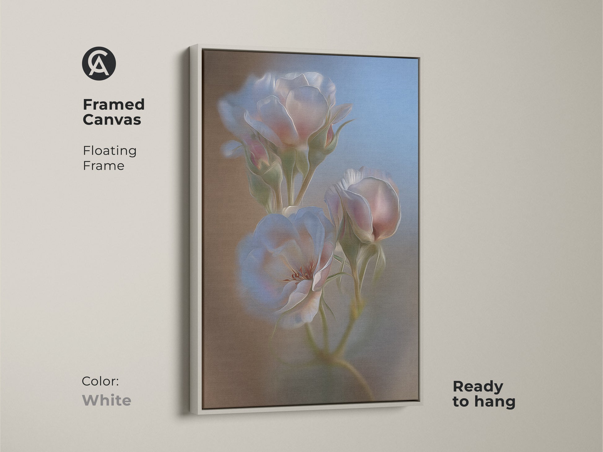 Framed Canvas featuring soft focus roses with a white floating frame. This contemporary rose artwork adds an elegant and romantic touch to contemporary and minimalist interiors. This fine art floral canvas comes ready to hang.