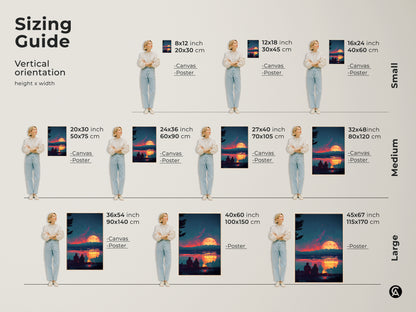 Sizing guide for vertical orientation canvas and poster prints featuring a couple by campfire at sunset. Available in small medium and large sizes. Options range from 8x12 to 45x67 inches. Find the perfect fit for your space with this romantic landscape artwork.