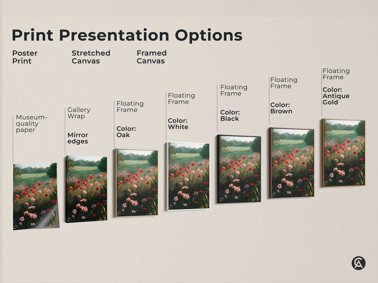 Explore presentation options for poppy field artwork. Choose from poster prints stretched canvas and framed canvas. Options include gallery wrap mirror edges and floating frames in various colors. Find the perfect style for your space.