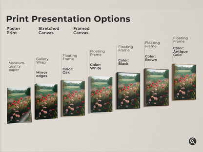 Explore presentation options for poppy field artwork. Choose from poster prints stretched canvas and framed canvas. Options include gallery wrap mirror edges and floating frames in various colors. Find the perfect style for your space.