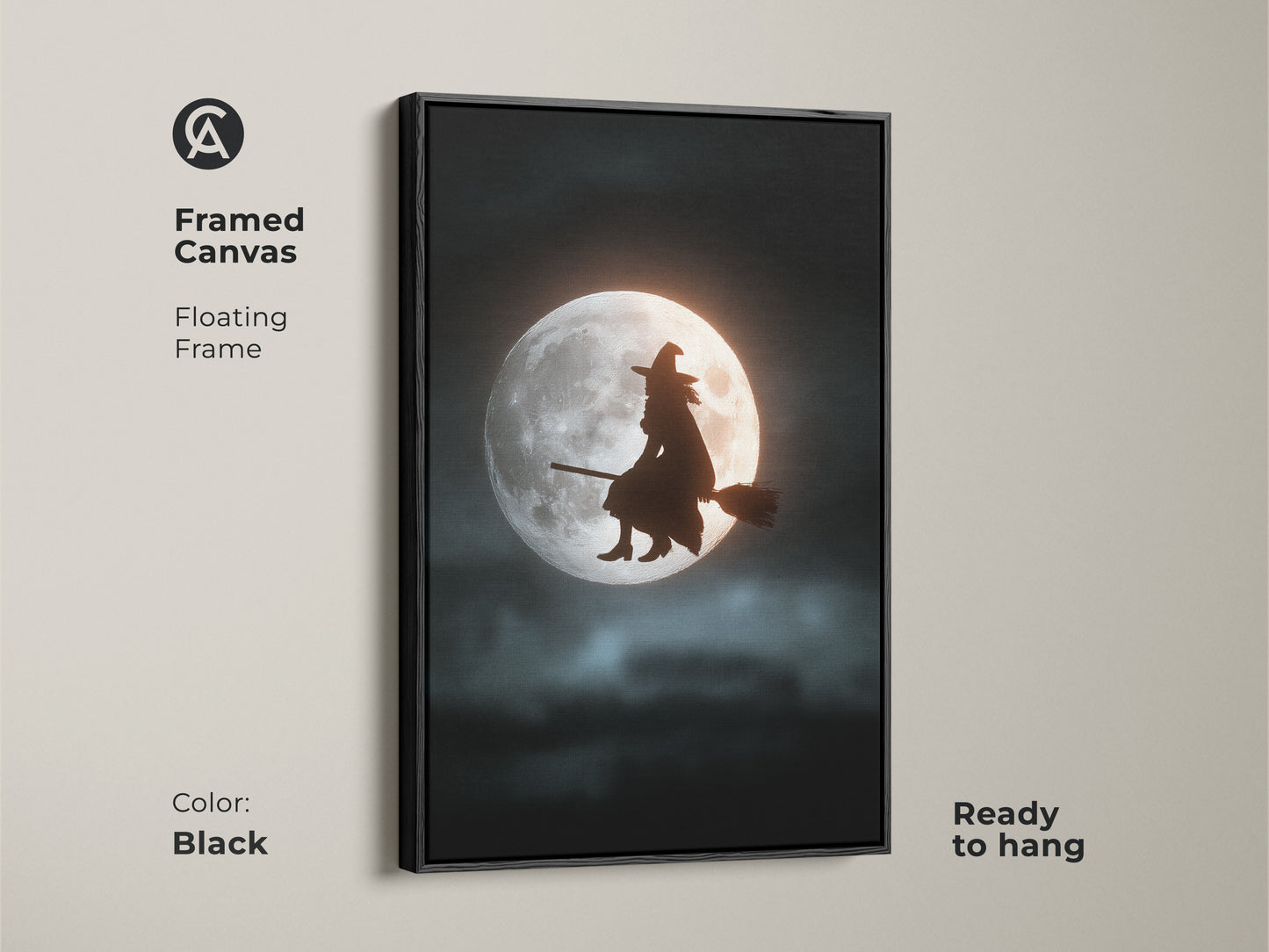 Framed canvas of a witch on a broomstick against a moon. The black floating frame enhances this Halloween night art print. This dark fantasy wall decor is ready to hang. It's an ideal spooky Halloween gift for celestial witch art lovers.