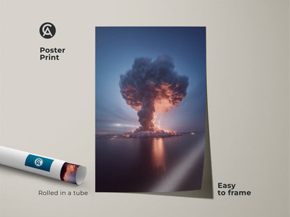 Poster print of a surreal explosion art featuring a volcano thunderstorm. This nature weather phenomenon is easy to frame. Rolled in a tube it captures the essence of a dramatic weather artwork in deep blue and crimson tones for office or home.
