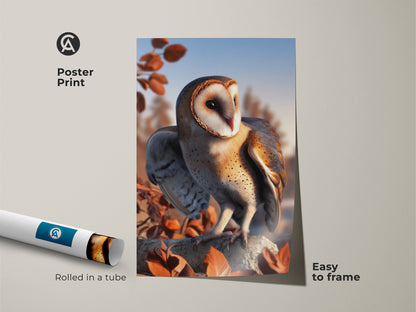 Poster print of a realistic barn owl. This wildlife art is easy to frame. Rolled in a tube for protection. Autumn leaves wall decor adds rustic charm to your home. This nature-inspired artwork is a perfect gift.