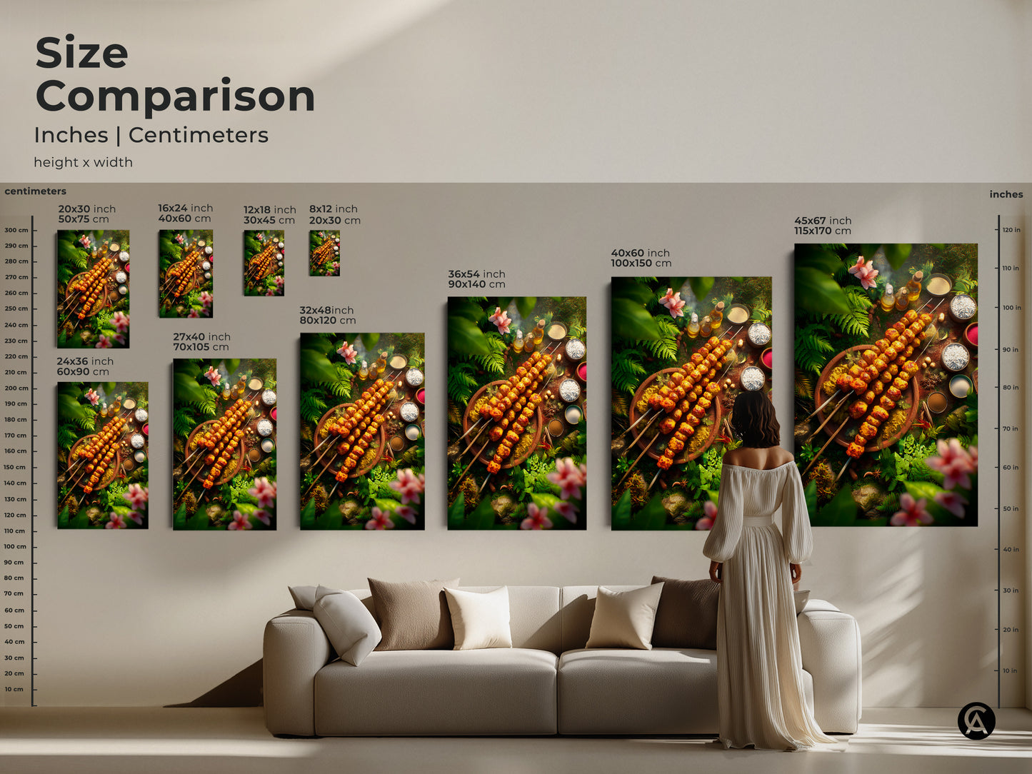 A size comparison guide showcases various dimensions of food-themed art prints. Visualize how different sizes fit above furniture in inches and centimeters. Perfect for planning your wall decor. Find the ideal scale to transform your living space with this jungle food art.