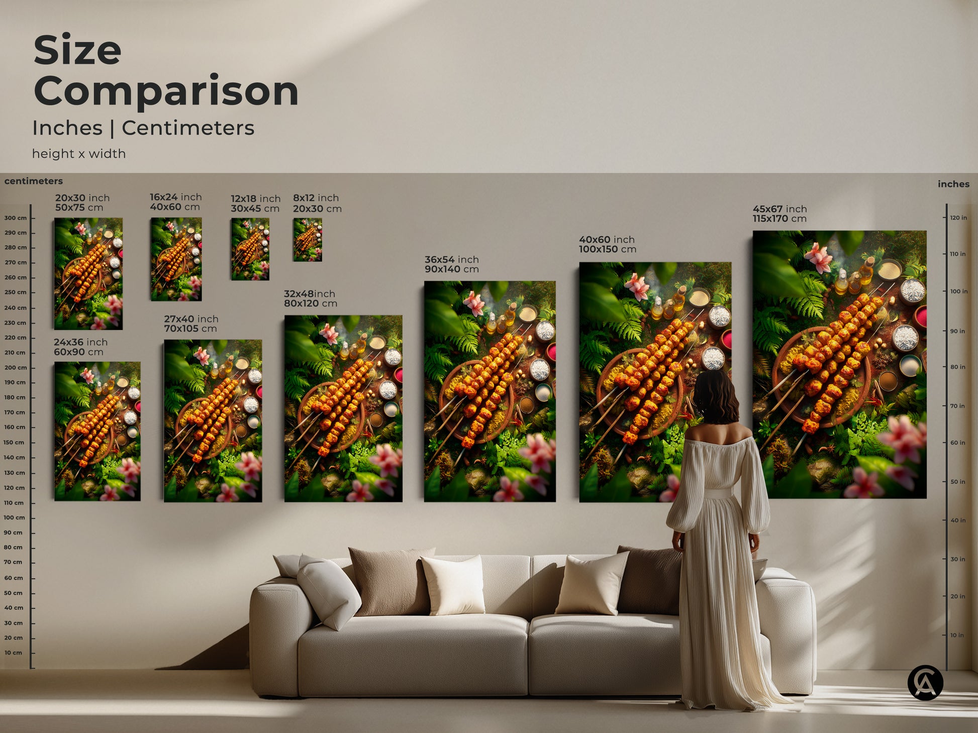 A size comparison guide showcases various dimensions of food-themed art prints. Visualize how different sizes fit above furniture in inches and centimeters. Perfect for planning your wall decor. Find the ideal scale to transform your living space with this jungle food art.