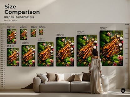 A size comparison guide showcases various dimensions of food-themed art prints. Visualize how different sizes fit above furniture in inches and centimeters. Perfect for planning your wall decor. Find the ideal scale to transform your living space with this jungle food art.