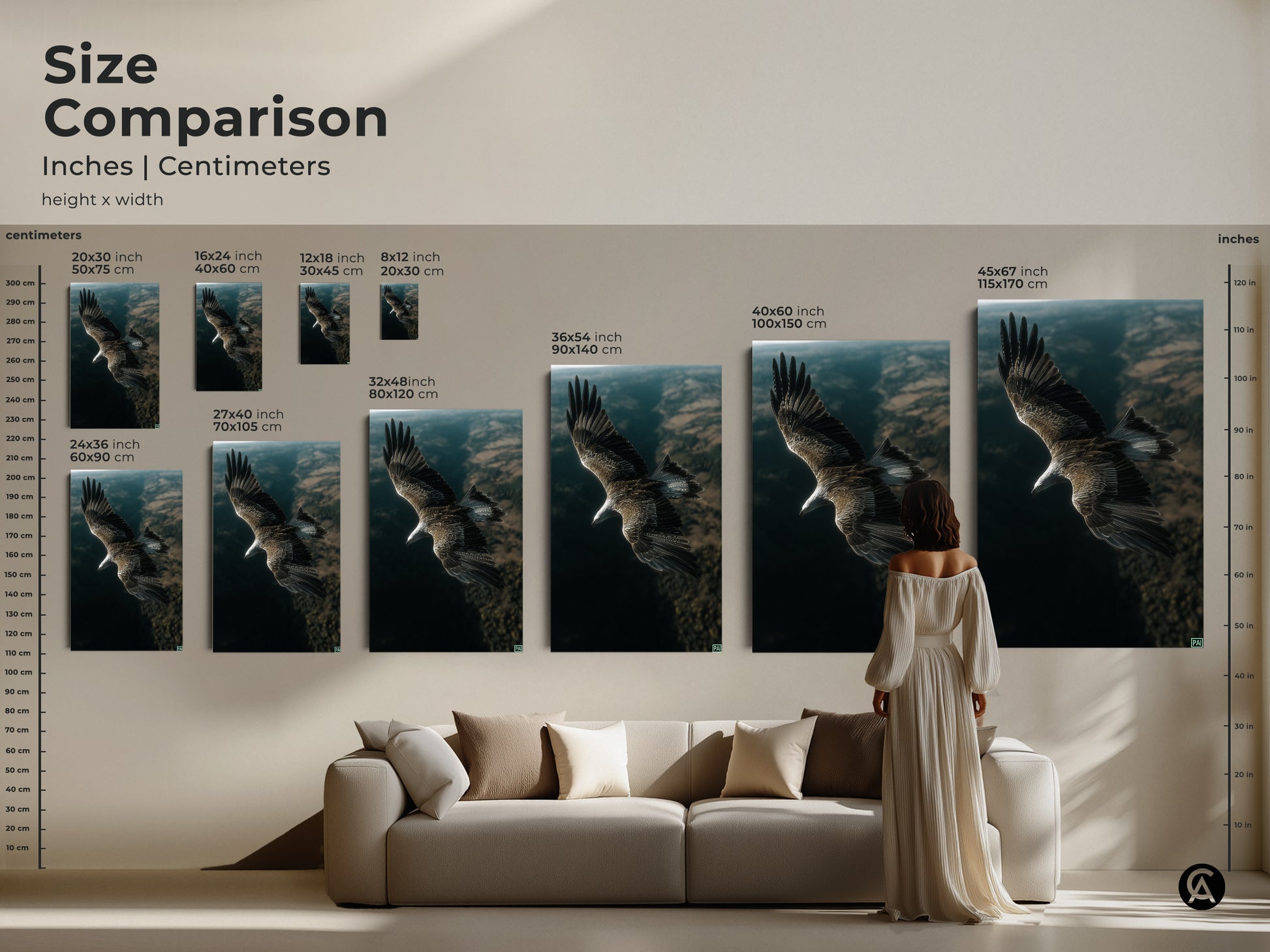 Size comparison of majestic eagle artwork in inches and centimeters. See how different sizes fit above a sofa. Visualize 16x24 to 45x67 options. Choose the perfect scale for your wildlife artwork. Natural habitat wall decor.