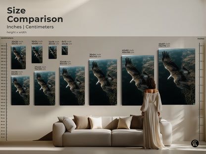 Size comparison of majestic eagle artwork in inches and centimeters. See how different sizes fit above a sofa. Visualize 16x24 to 45x67 options. Choose the perfect scale for your wildlife artwork. Natural habitat wall decor.