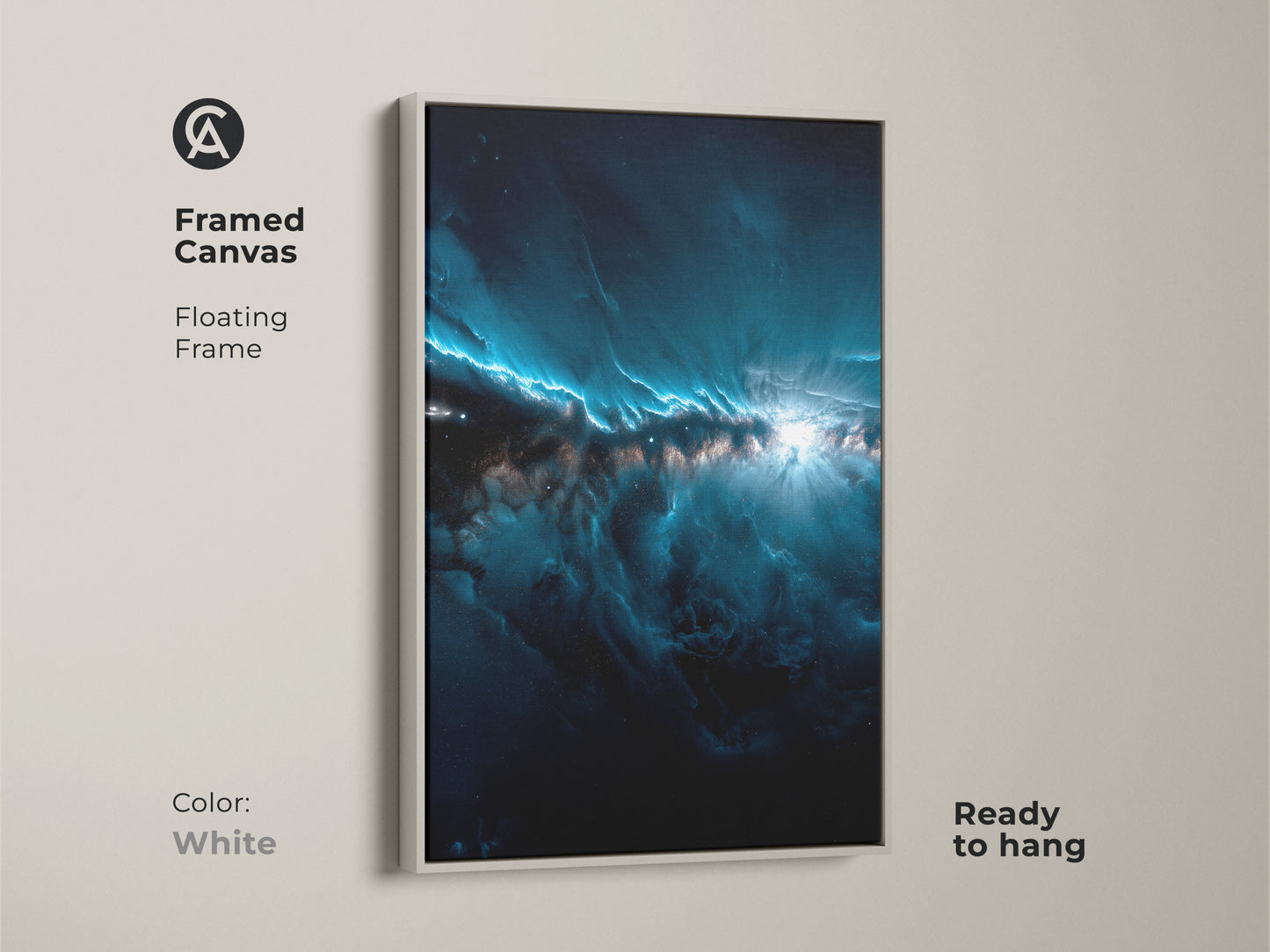 This is a framed canvas nebula artwork. The art features shades of dark blue and white. The frame is a clean white color. This framed art is ready to hang. It features a floating frame. Purchase this framed artwork today