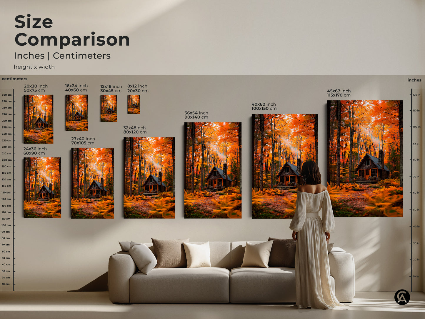 Size comparison of cabin in the woods artwork in inches and centimeters. See how different sizes fit above a sofa. Available as canvas or poster prints. Find the ideal size for your home decor. Shop now for cozy art.