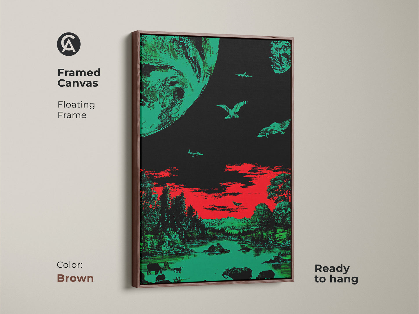 Framed canvas with a surreal emerald green and red space earth theme. Ready to hang with a floating frame. The brown frame complements this retro sci-fi wildlife artwork. It's an artistic office gift for lovers of cosmic and nature art.