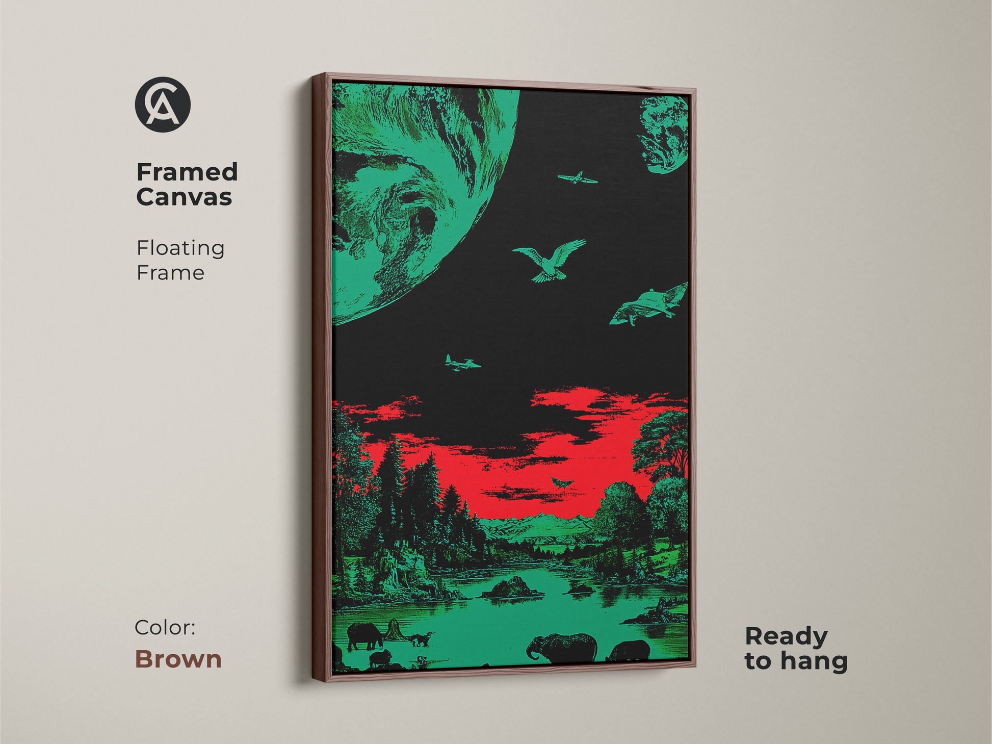 Framed canvas with a surreal emerald green and red space earth theme. Ready to hang with a floating frame. The brown frame complements this retro sci-fi wildlife artwork. It's an artistic office gift for lovers of cosmic and nature art.