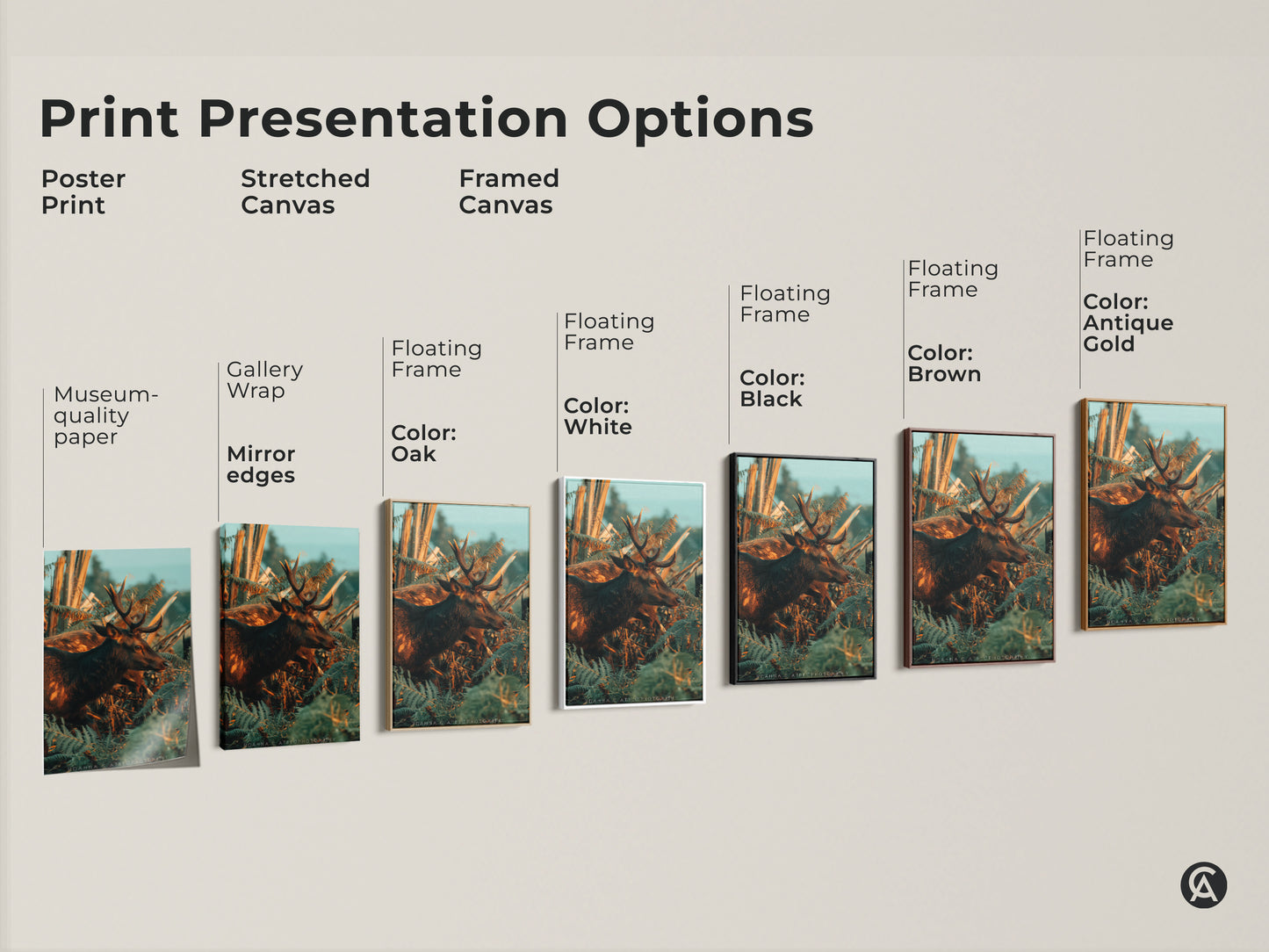 Explore print presentation options for the deer and fern canvas artwork. Choose from poster print stretched canvas or framed canvas. Floating frame colors include black brown antique gold oak and white. Find the perfect style to showcase this rustic wildlife nature art. Ideal for any home decor style.