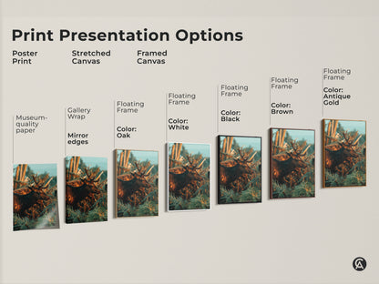 Explore print presentation options for the deer and fern canvas artwork. Choose from poster print stretched canvas or framed canvas. Floating frame colors include black brown antique gold oak and white. Find the perfect style to showcase this rustic wildlife nature art. Ideal for any home decor style.