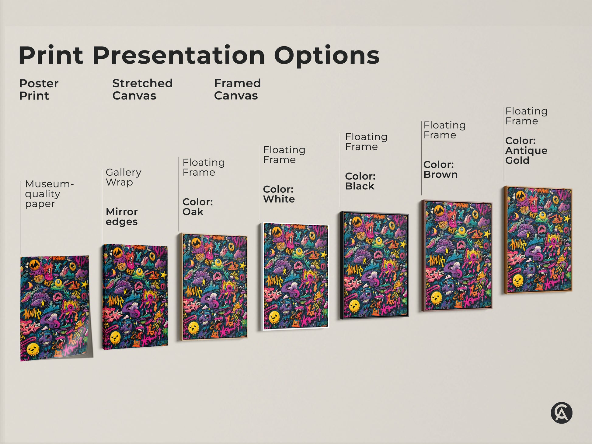 Explore print presentation options for graffiti artwork. Choose from poster prints stretched canvas or framed canvas. Options include gallery wrap mirror edges and floating frames. Available frame colors are white black brown and antique gold. Find the perfect style for your space.