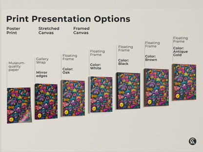 Explore print presentation options for graffiti artwork. Choose from poster prints stretched canvas or framed canvas. Options include gallery wrap mirror edges and floating frames. Available frame colors are white black brown and antique gold. Find the perfect style for your space.