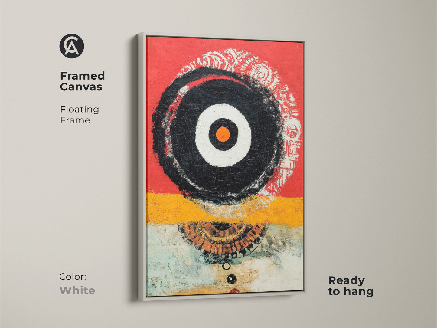 Framed canvas featuring a geometric abstract print with a white floating frame. The vibrant red yellow and black colors pop. Ready to hang this contemporary artwork adds a clean modern touch. Perfect for eclectic home decor or a stylish office space. A great gift for art lovers.