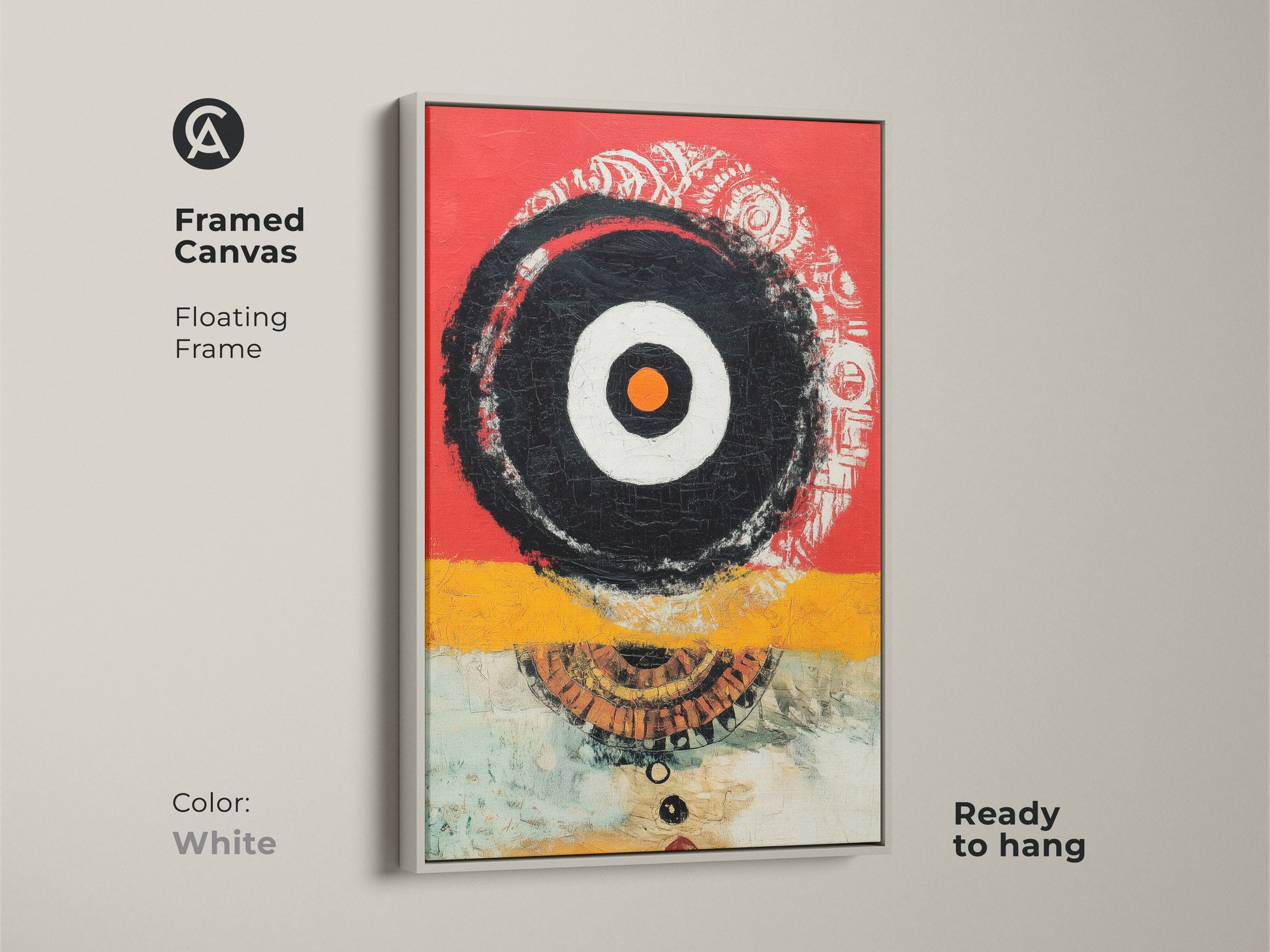 Framed canvas featuring a geometric abstract print with a white floating frame. The vibrant red yellow and black colors pop. Ready to hang this contemporary artwork adds a clean modern touch. Perfect for eclectic home decor or a stylish office space. A great gift for art lovers.