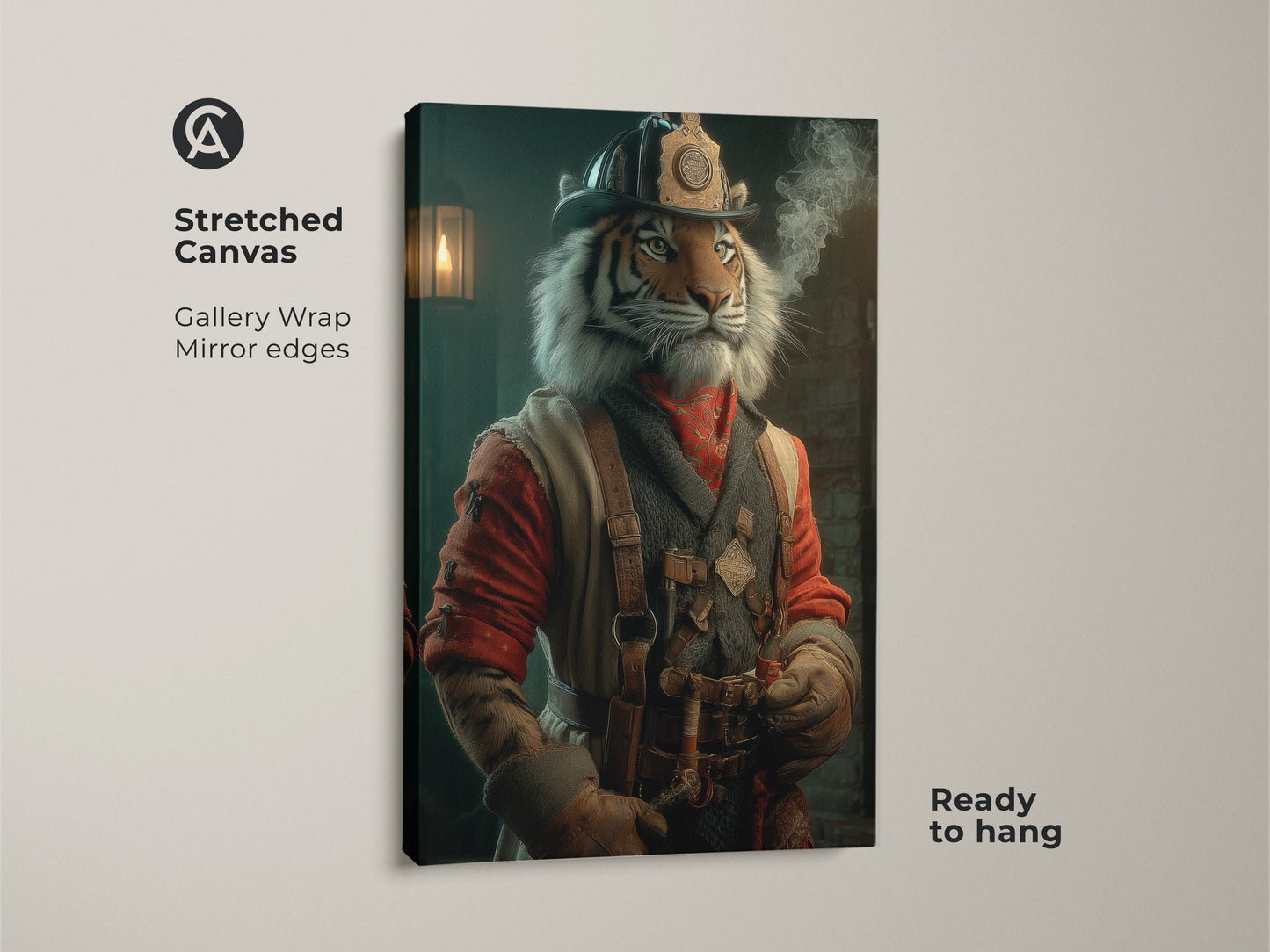 A stretched canvas gallery wrap of a steampunk tiger art print. This canvas showcases an anthropomorphic tiger dressed as a firefighter. The vintage animal poster is ready to hang. It’s ideal wall decor for adding a retro industrial touch. This firefighter tiger canvas will fit perfectly in a man cave.