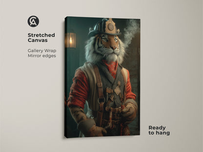 A stretched canvas gallery wrap of a steampunk tiger art print. This canvas showcases an anthropomorphic tiger dressed as a firefighter. The vintage animal poster is ready to hang. It’s ideal wall decor for adding a retro industrial touch. This firefighter tiger canvas will fit perfectly in a man cave.