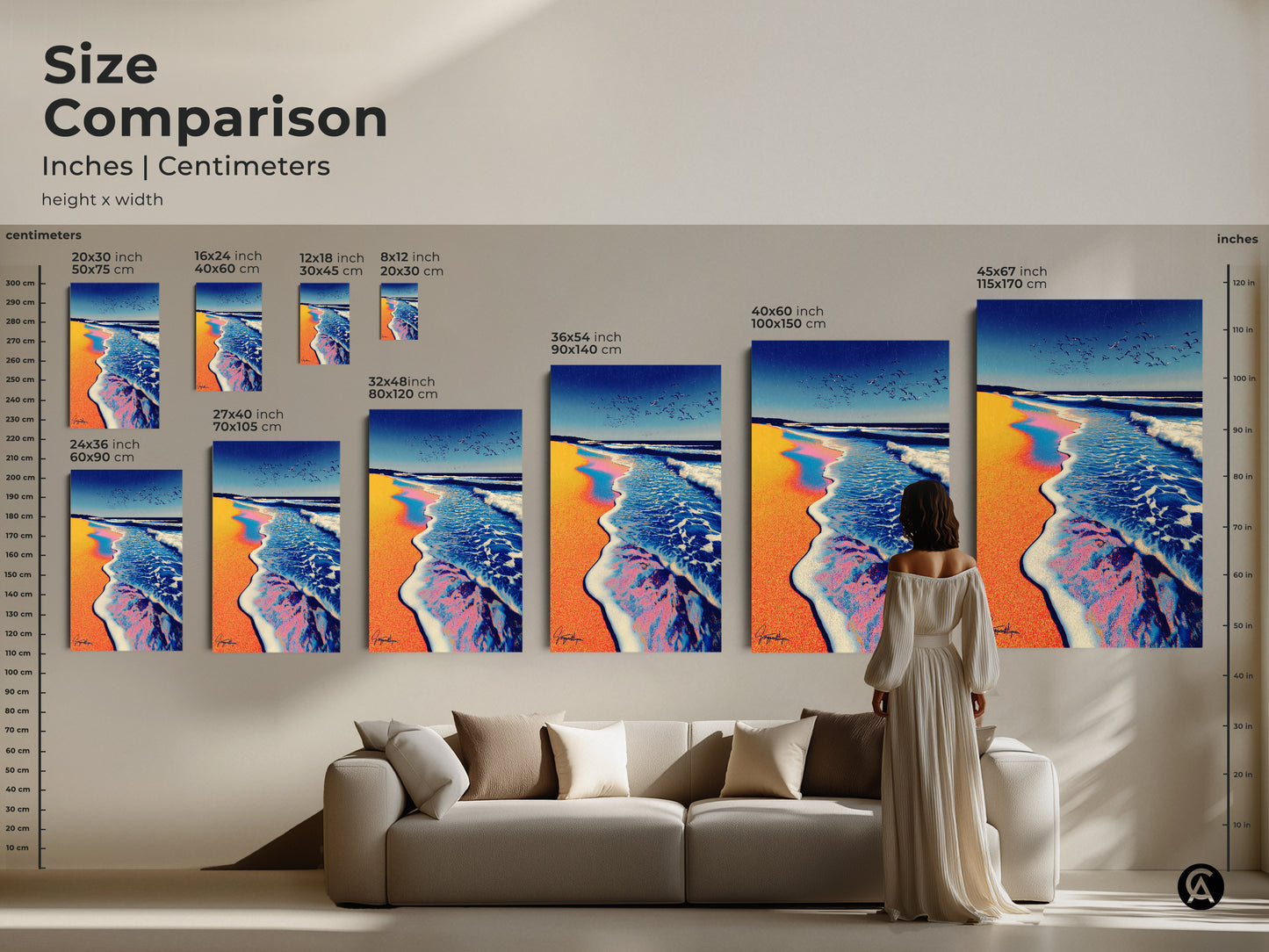 Compare sizes of abstract ocean wave canvas art. See how the coastal print looks in different dimensions. This size comparison offers a guide to choosing the perfect artwork. Find teal blue and orange wall decor to transform any living space. Perfect gift for beach lovers.