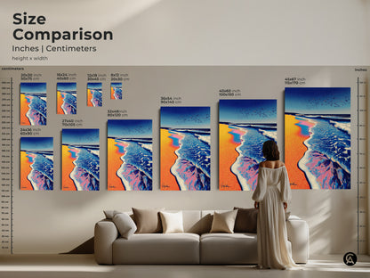 Compare sizes of abstract ocean wave canvas art. See how the coastal print looks in different dimensions. This size comparison offers a guide to choosing the perfect artwork. Find teal blue and orange wall decor to transform any living space. Perfect gift for beach lovers.