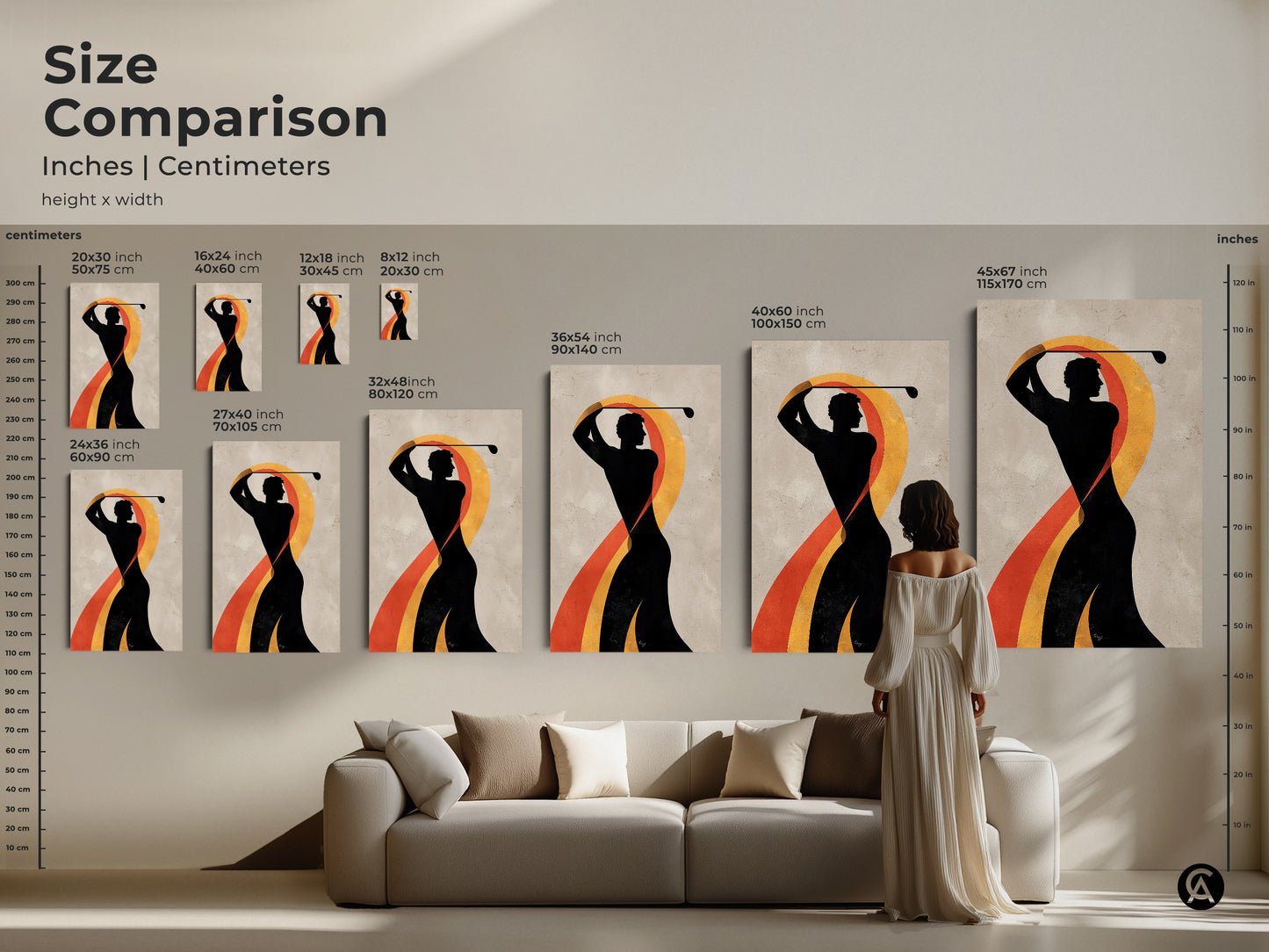 Size comparison of abstract golf art in inches and centimeters. A woman is looking at the art above a couch. Multiple sizes are displayed. Ranging from small to large.