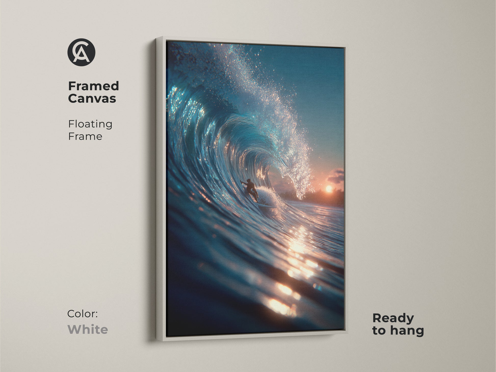 Brighten your space with framed canvas art in white. The clean floating frame highlights the surfer artwork. The piece is ready to hang and enjoy. The artwork captures a surfer riding a beautiful wave. It's a refreshing addition to any room.