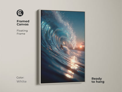 Brighten your space with framed canvas art in white. The clean floating frame highlights the surfer artwork. The piece is ready to hang and enjoy. The artwork captures a surfer riding a beautiful wave. It's a refreshing addition to any room.