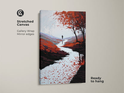 Stretched canvas showcases an impressionistic landscape. The red orange river canvas art shows a lone walker. Gallery wrapped with mirror edges this nature scene print is ready to hang.