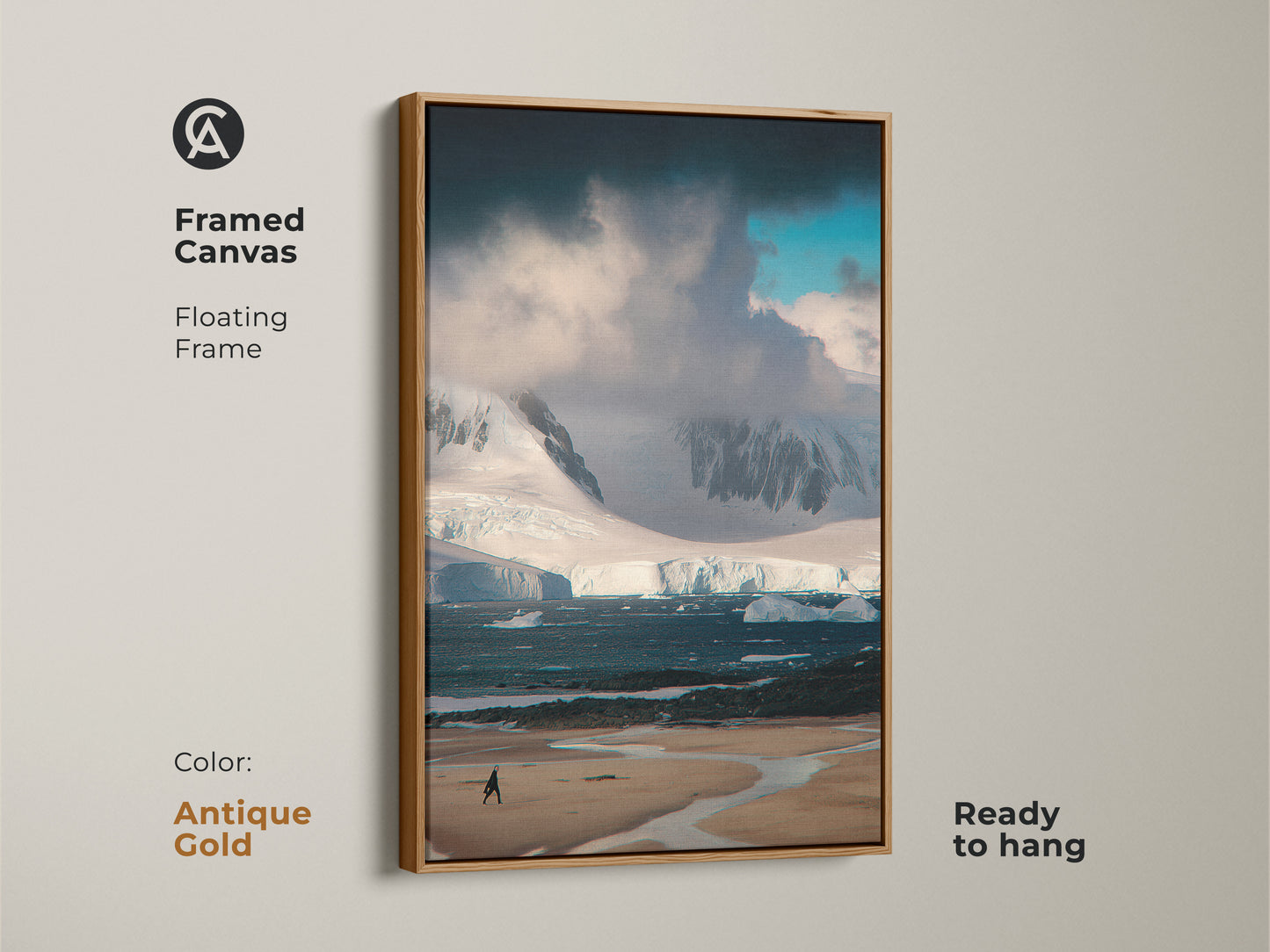 Antique Gold framed canvas featuring minimalist Antarctica landscape photography. A blue teal ocean art print that is ready to hang. Its perfect as modern wall art or as a unique gift