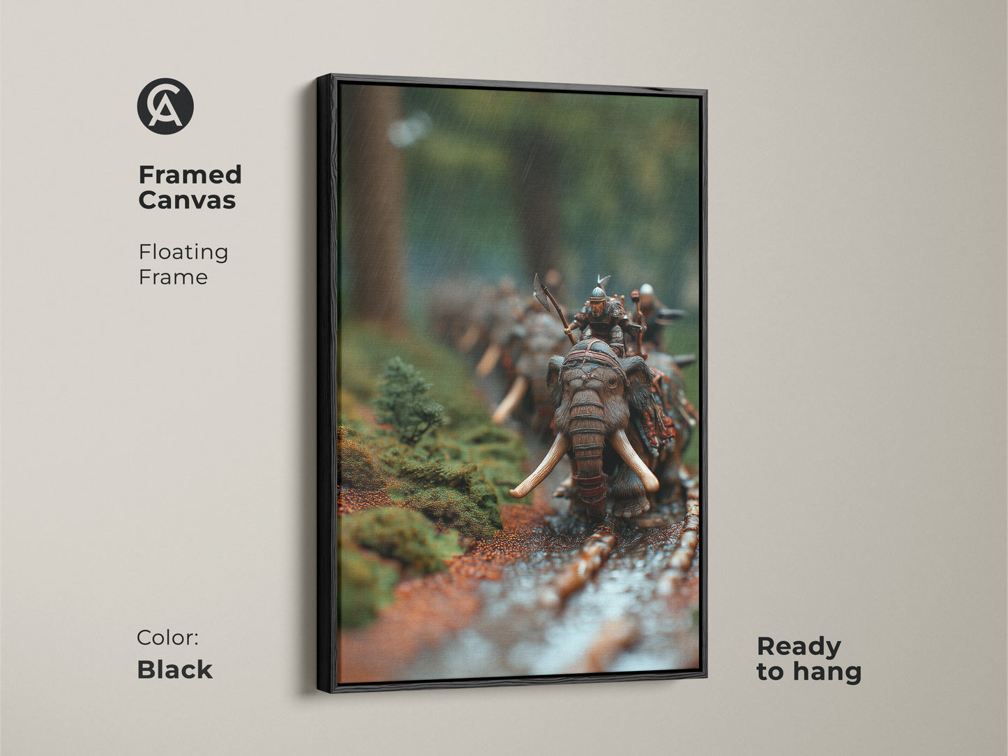 See framed canvas art of a dark fantasy elephant warrior. The floating frame enhances the forest battle scene. This miniature warfare canvas adds eclectic style to any room. It's a great gift for history buffs. This unique animal print brings epic fantasy to your walls. Ready to hang in black.