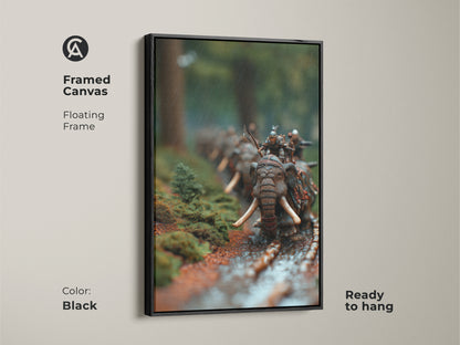 See framed canvas art of a dark fantasy elephant warrior. The floating frame enhances the forest battle scene. This miniature warfare canvas adds eclectic style to any room. It's a great gift for history buffs. This unique animal print brings epic fantasy to your walls. Ready to hang in black.