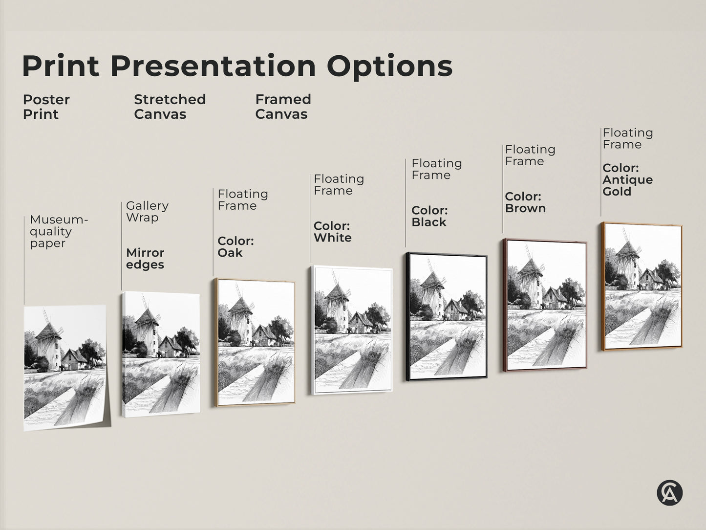 Print presentation options for farmhouse windmill art. Choose from poster print stretched canvas or framed canvas. Various frame colors available including black brown antique gold and white. Find the perfect style for your farmhouse wall art.