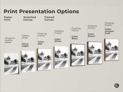 Print presentation options for farmhouse windmill art. Choose from poster print stretched canvas or framed canvas. Various frame colors available including black brown antique gold and white. Find the perfect style for your farmhouse wall art.