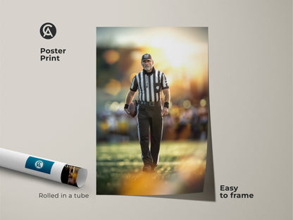 Poster print of a football referee in action. This sports action photography is easy to frame. Rolled in a tube for convenience. This artwork is ideal for office decor and gifts for football fans.