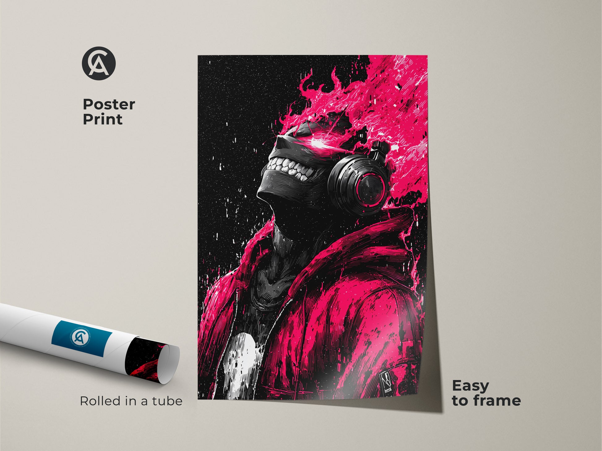 A poster print features striking artwork. The art shows a person wearing headphones with pink flames above. It comes rolled in a tube for easy framing. This piece brings a modern edgy aesthetic to your space.