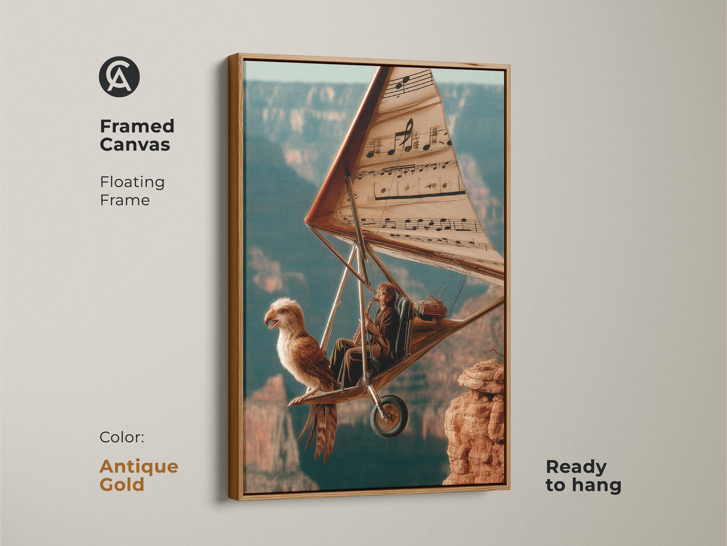 Google Drive image displays a virus scan warning. The image is of surreal flight canvas art. It features a musician eagle hang glider in teal orange and brown tones. It's eclectic artwork great for a study room or office decor. Download anyway to view the art.