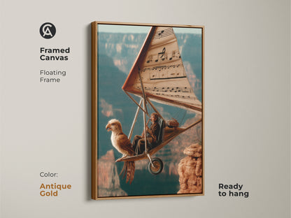 Google Drive image displays a virus scan warning. The image is of surreal flight canvas art. It features a musician eagle hang glider in teal orange and brown tones. It's eclectic artwork great for a study room or office decor. Download anyway to view the art.