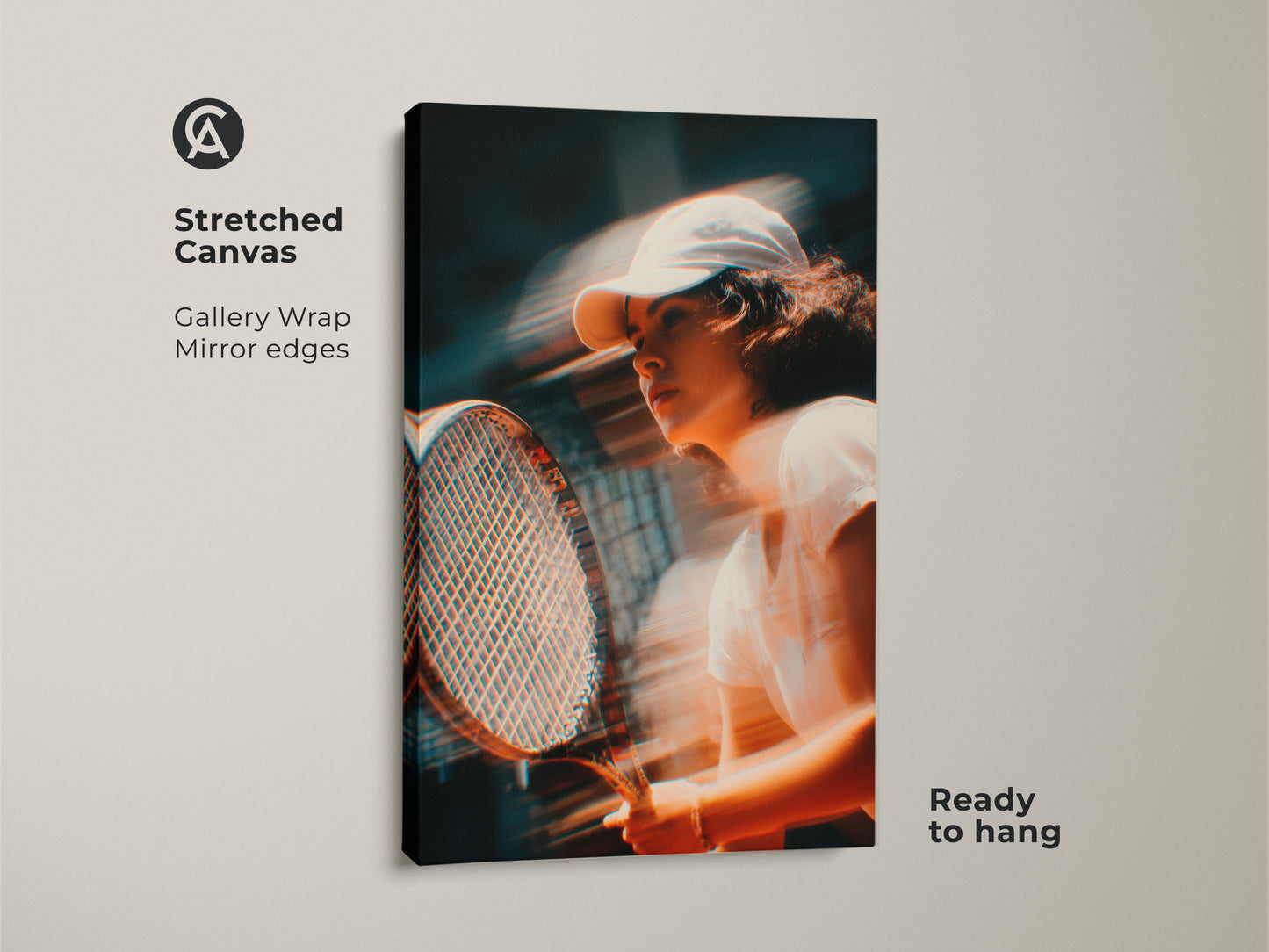 Stretched canvas artwork featuring a dynamic tennis scene. The gallery wrap showcases mirror edges for a modern touch. This ready-to-hang piece brings energy to any room. Perfect for sports enthusiasts and art collectors alike. Explore our collection today.