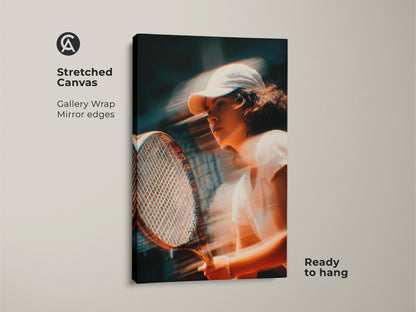 Stretched canvas artwork featuring a dynamic tennis scene. The gallery wrap showcases mirror edges for a modern touch. This ready-to-hang piece brings energy to any room. Perfect for sports enthusiasts and art collectors alike. Explore our collection today.