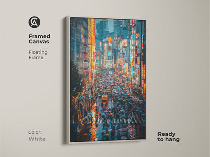 This framed canvas features a white floating frame around a Tokyo cityscape artwork. The urban night photography captures a crosswalk scene with bright neon lights. This contemporary art is ready to hang.