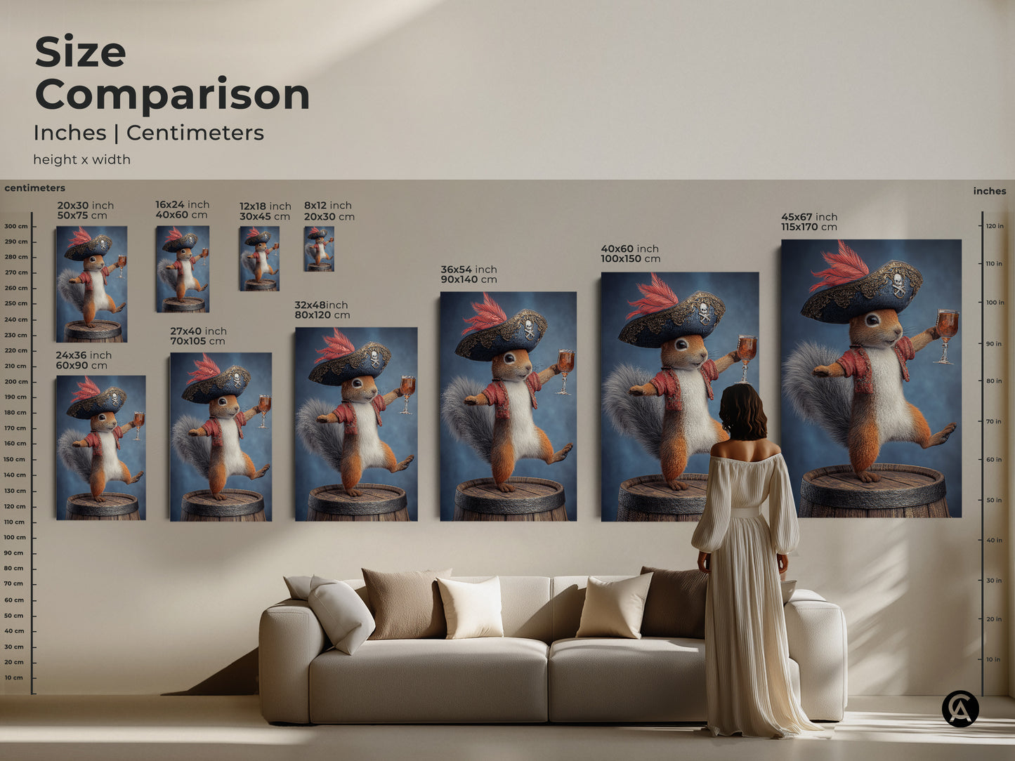 Size comparison of pirate squirrel art prints. See how the artwork looks in various sizes from small to large. This fantasy animal art is available as canvas or poster prints. Perfect for adding an eclectic touch to your home. Visualize the impact of this unique animal art.