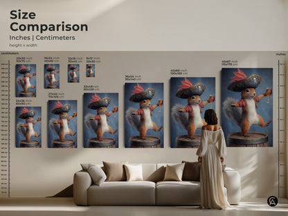 Size comparison of pirate squirrel art prints. See how the artwork looks in various sizes from small to large. This fantasy animal art is available as canvas or poster prints. Perfect for adding an eclectic touch to your home. Visualize the impact of this unique animal art.